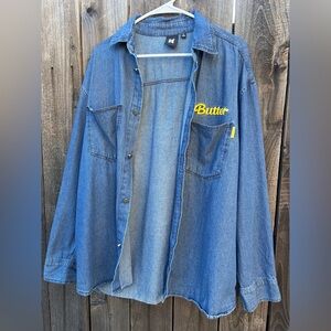 BTS Butter Denim Button-Up Shirt Jacket in Blue with Yellow Logo
